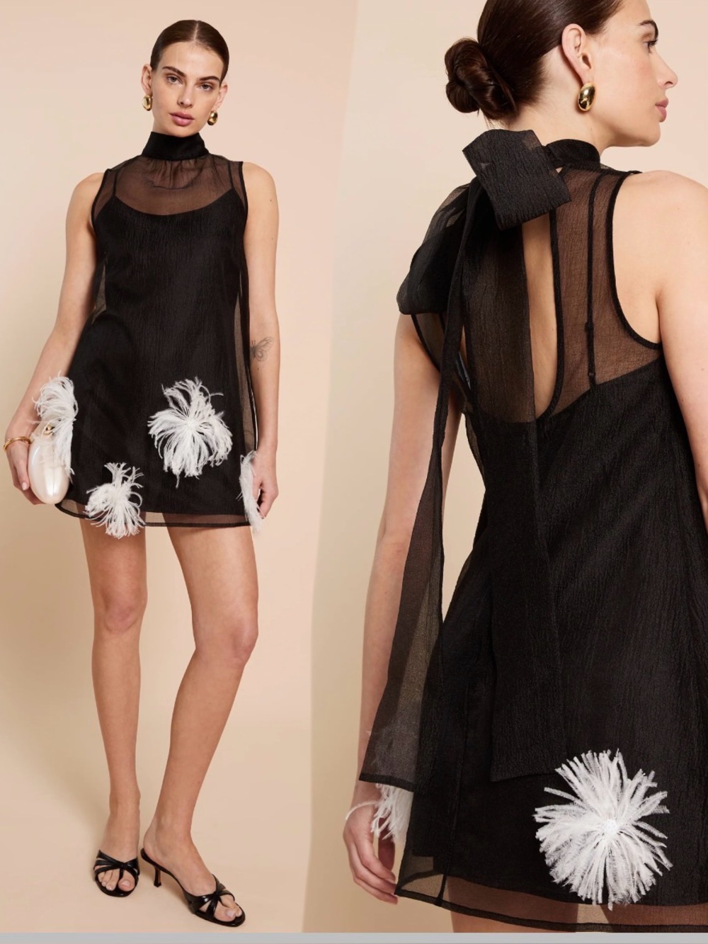 o.p.t Kalena Dress Sheer Black Sleeveless Mini with White Feather Accents sz L